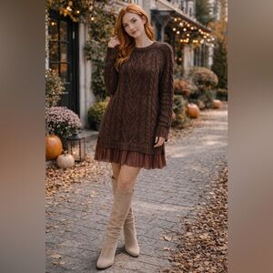 Dark Brown Cable Knit Sweater Dress w/ Pleated Hem | Fall Cozy | XS